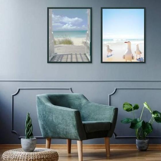 Imagem de Kit 2 Quadros Praia Paisagem - Gaivotas 45X34Cm - Com Vidro