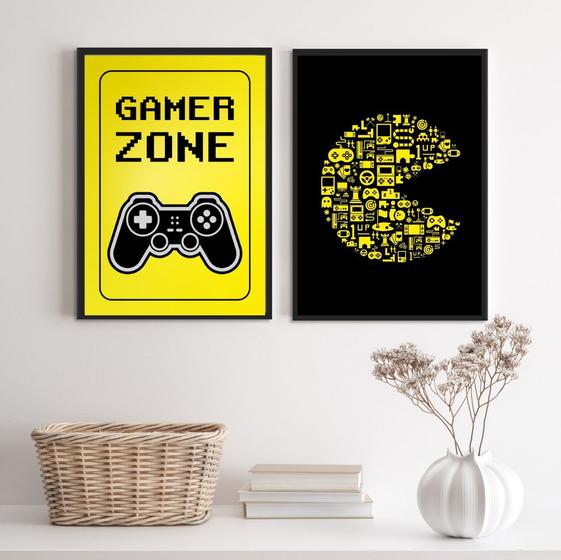 Imagem de Kit 2 Quadros Quarto Gamer Preto EAmarelo 24x18cm - com vidro