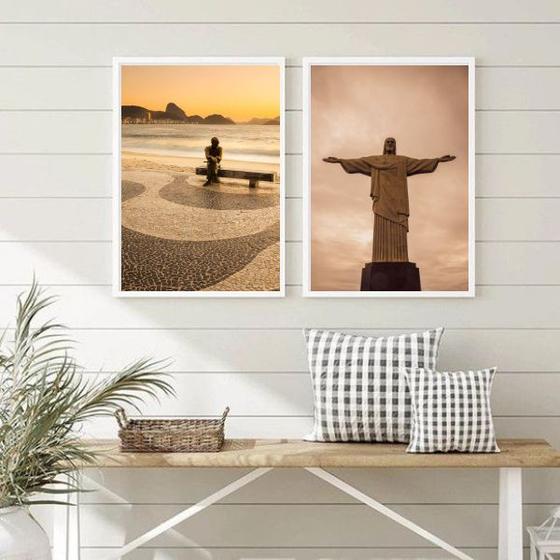 Imagem de Kit 2 Quadros Rio De Janeiro Cristo Copacabana- Sépia 24x18cm - com vidro