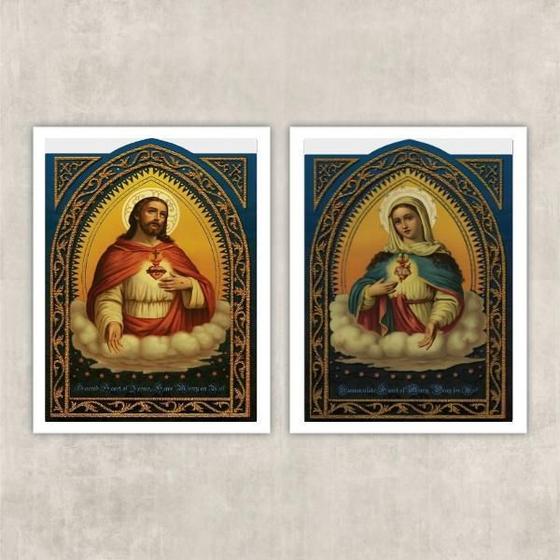 Imagem de Kit 2 Quadros Sacros Coração De Jesus E Maria 24x18cm Branca