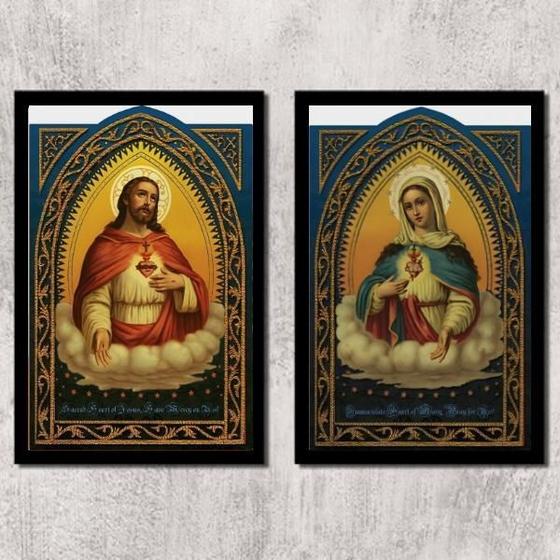 Imagem de Kit 2 Quadros Sacros Coração De Jesus E Maria 24x18cm Preta