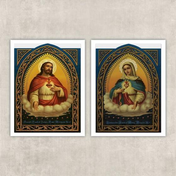 Imagem de Kit 2 Quadros Sacros Coração De Jesus E Maria 33x24cm - com vidro