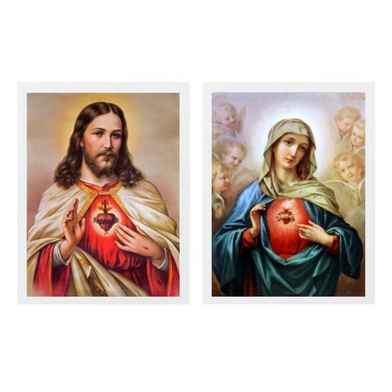 Imagem de Kit 2 Quadros Sagrado Coração De Jesus E Maria Colorido 33x24cm - com vidro