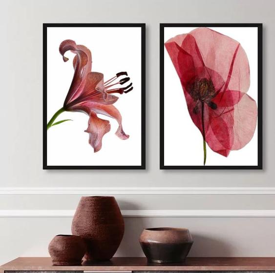 Imagem de Kit 2 Quadros Sala Flores Modernas Sóbrias Neutras 24x18cm - com vidro