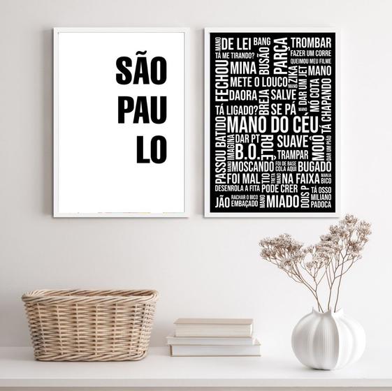 Imagem de Kit 2 Quadros São Paulo Gírias PretoEBranco 24x18cm