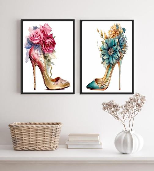 Imagem de Kit 2 Quadros Sapatos De Salto Com Flores 24X18Cm