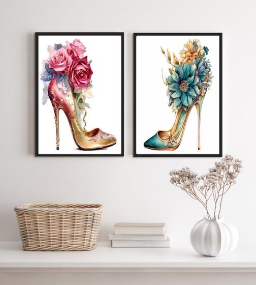 Imagem de Kit 2 Quadros Sapatos De Salto Com Flores 45x34cm - com vidro