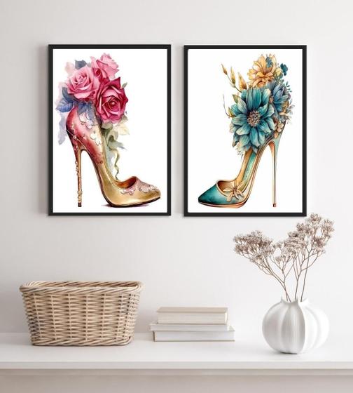 Imagem de Kit 2 Quadros Sapatos De Salto Com Flores 45X34Cm - Vidro