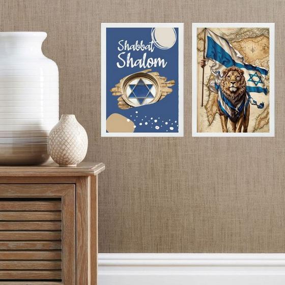 Imagem de Kit 2 Quadros Shabbat Shalom - Leão 33x24cm - com vidro