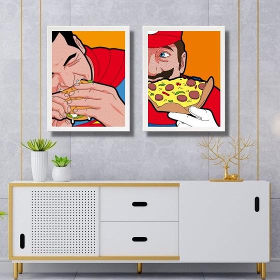 Imagem de Kit 2 Quadros Super Herois Comendo Lanches 33x24cm - com vidro