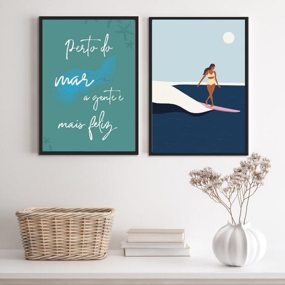 Imagem de Kit 2 Quadros Surf Perto Do Mar A Gente É Mais Feliz 33x24cm - com vidro