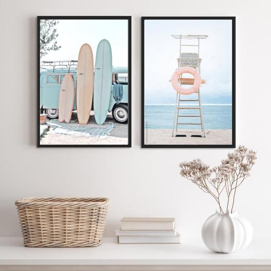 Imagem de Kit 2 Quadros Surf Praia Kombi 45x34cm - Madeira Branca