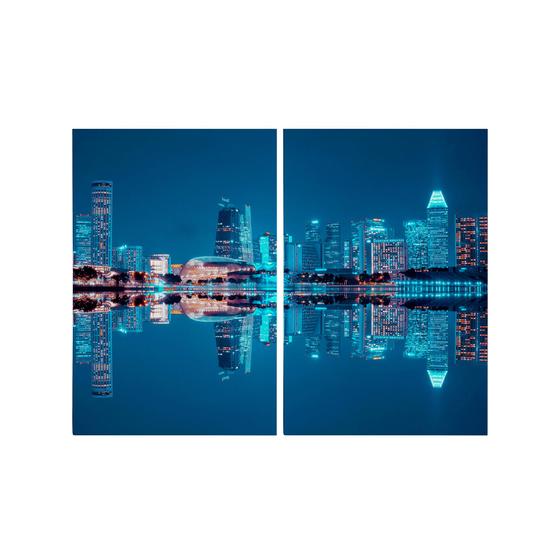 Imagem de Kit 2 Quadros Tela Canvas Lago Prédios Luzes Reflexo Cidade