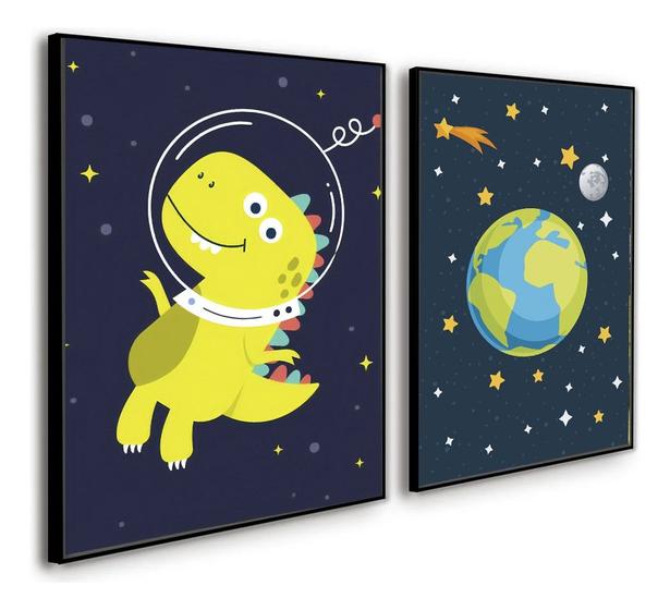 Imagem de Kit 2 Quadros Universo Planeta Dinossauro Astronauta 33x24cm