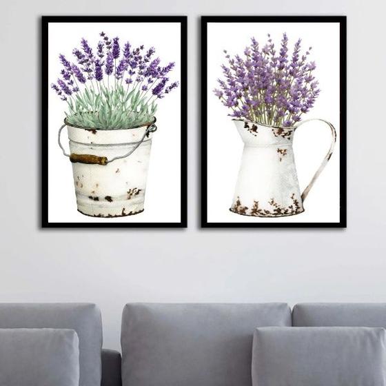Kit 2 Quadros Vasos Com Lavanda 33x24cm - com vidro - Quadros On-line Imagem de Kit 2 Quadros Vasos Com Lavanda 33x24cm - com vidro