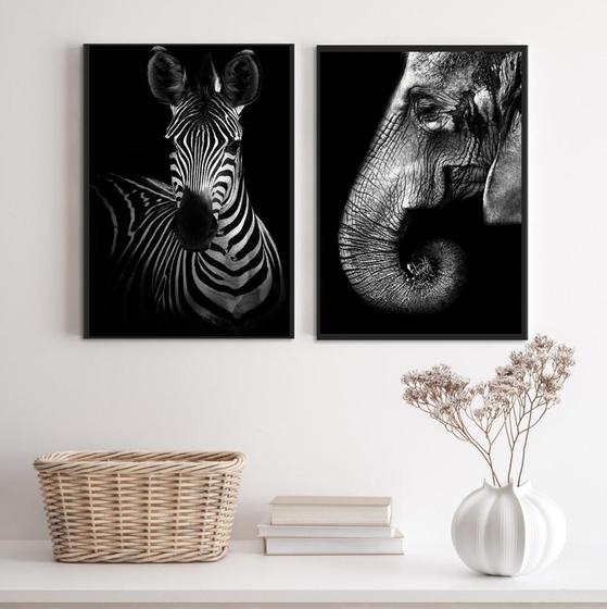 Imagem de Kit 2 Quadros Zebra e Elefante 45x34cm - Madeira Branca