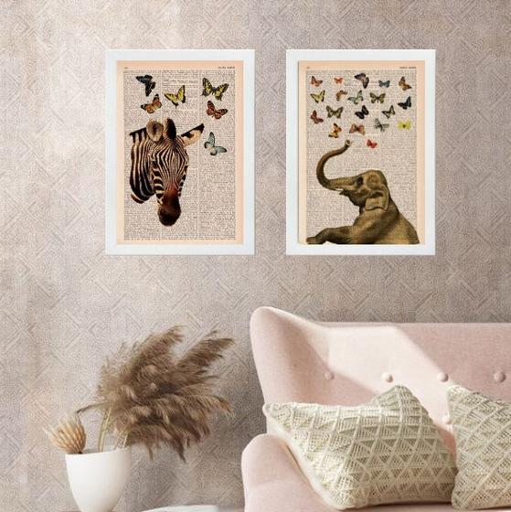 Imagem de Kit 2 Quadros Zebra e Elefante Com Borboletas 45x34cm