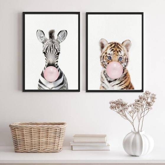 Imagem de Kit 2 Quadros Zebra Tigre 24x18cm - Madeira Branca