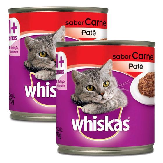 Imagem de Kit 2 Ração para Gatos Whiskas Adulto 1+ Anos Patê Sabor Carne Lata 290g