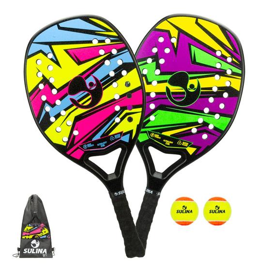 Imagem de Kit 2 Raquete Beach Tennis Sulina Thunder fibra + mochila e bola