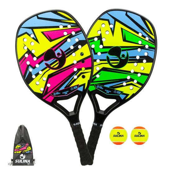 Imagem de Kit 2 Raquete Beach Tennis Sulina Thunder fibra + mochila e bola