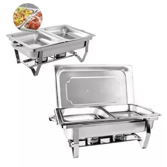 Imagem de Kit 2 Rechaud Aço Inox 201 Retangular 9 Litros Com 2 Cubas ½ Panelas Banho Maria Buffet Brinovar