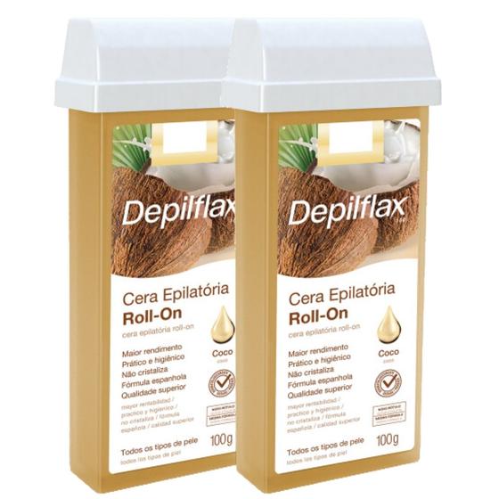 Imagem de Kit 2 Refil Cera Depilatoria Corporal Profissional Depilação Roll On Depilflax Coco 100g