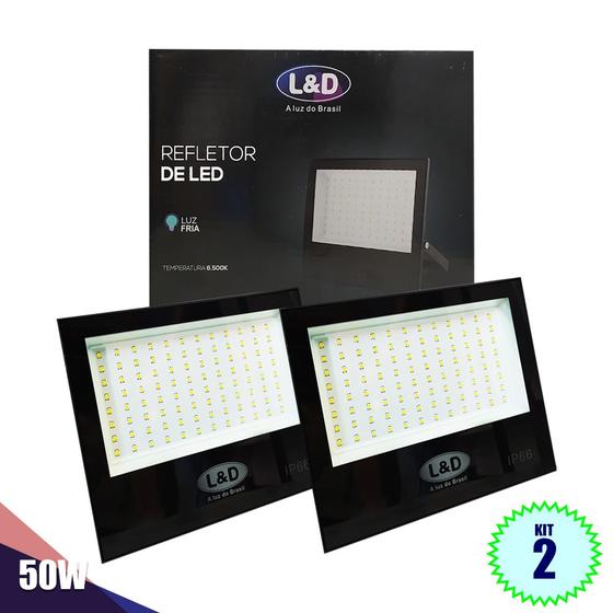 Imagem de kit 2 Refletores LED Selecione a Potência (200w -10w) Branco Frio Slim  Holofote Campo Comércio Quintal Prédio Preto L&D