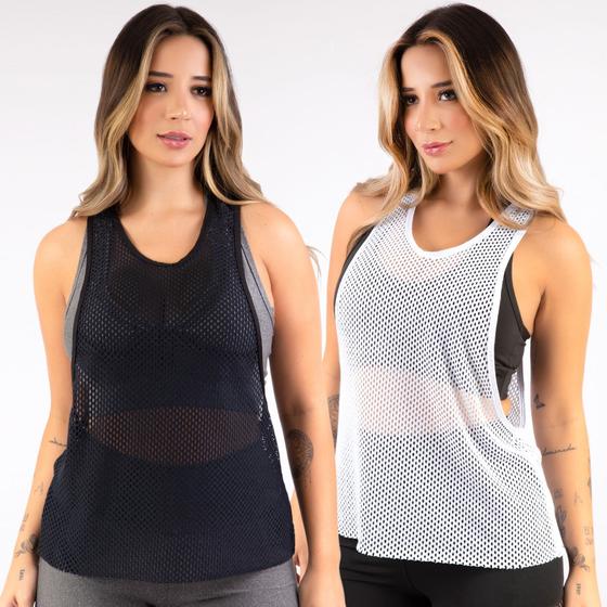 Imagem de Kit 2  Regata Fitness Transparente Telinha Tule Furadinha Academia Malhar Atacado