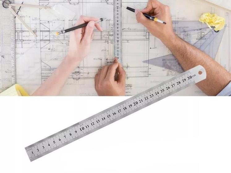 Imagem de Kit 2 réguas de aço inox 30 cm graduado em milímetros e polegadas