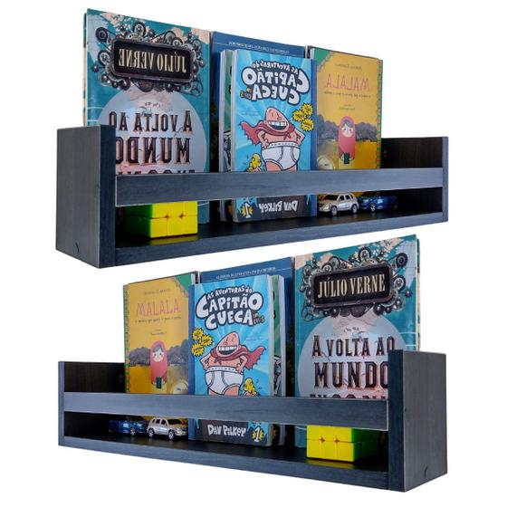 Imagem de Kit 2 Revisteiro De Parede Para Livros Infantis Nicho Porta Revistas Quarto De Criança Mdf Preto 55cm