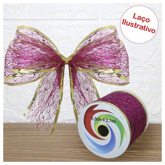 Imagem de Kit 2 Rolo Fita Rosa Aramada Natal Decoração Natalina 6,3cm x 2,70m