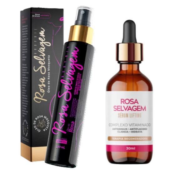 Imagem de Kit 2 Rosa Selvagem Clareador Íntimo Mancha: Óleo Corpo Axila Virilha+ Sérum Facial Antirrugas Vegano