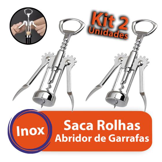 Imagem de Kit 2 Saca Rolha Abridor De Garrafa Vinho Aço Inox Tipo Borboleta Multiuso