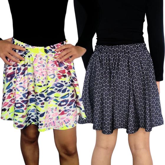 Imagem de Kit 2 Saias Femininas Godê Elástico Estampas Sortidas Suplex PP ao Plus Size