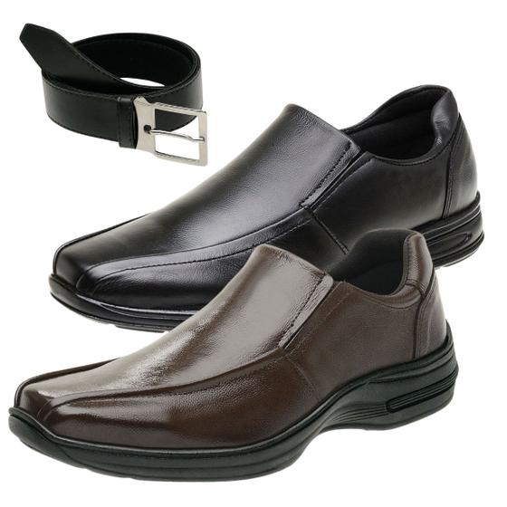 Imagem de Kit 2 Sapatos Mocassim Casual Solado Ortopédico Couro Legítimo  Masculino + Cinto Social