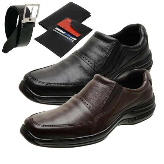 Imagem de Kit 2 Sapatos Ortopédico Masculino Casual em Couro Solado Borracha Costurado + Carteira + Cinto