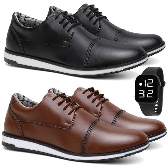 Imagem de Kit 2 Sapatos Sociais Oxford Clássico Básico Confortável Macio Leve + Relógio Digital
