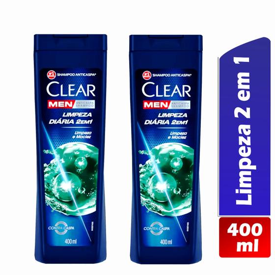 Imagem de kit 2 Shampoo Anticaspa Clear Men Limpeza Diária 2 Em 1 400ml