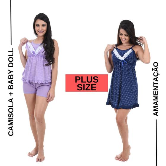 Imagem de Kit 2 - Shortdoll E Camisola Gestante Plus Size Amamentação Maternidade