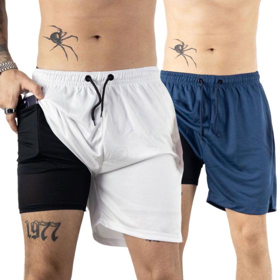 Imagem de Kit 2 Shorts Azul-Marinho e Branco 2x1 Premium de Corrida Masculino Dry-Fit Academia com Bolso Invisivel para Celular Luta Musculação Bermuda Dupla