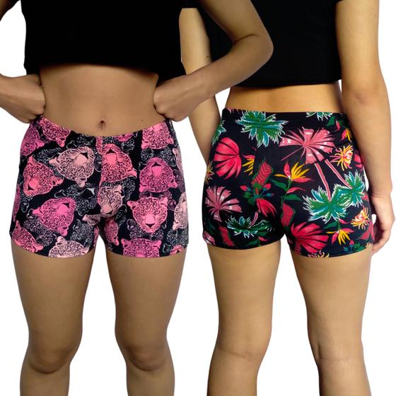 Imagem de Kit 2 Shorts Femininos Curtos Justos Elástico Estampas Sortidas Suplex Pp ao Plus Size