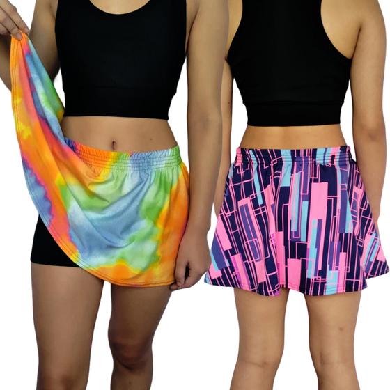 Imagem de Kit 2 Shorts Saias Femininos Godê Elástico Estampas Sortidas Suplex PP ao Plus Size