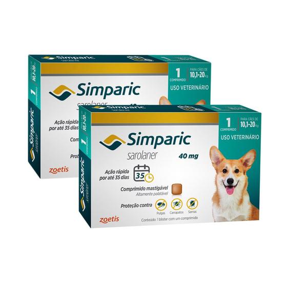 Imagem de Kit 2 Simparic 40mg para Cães de 10,1 a 20kg com 1 Comprimido Mastigável