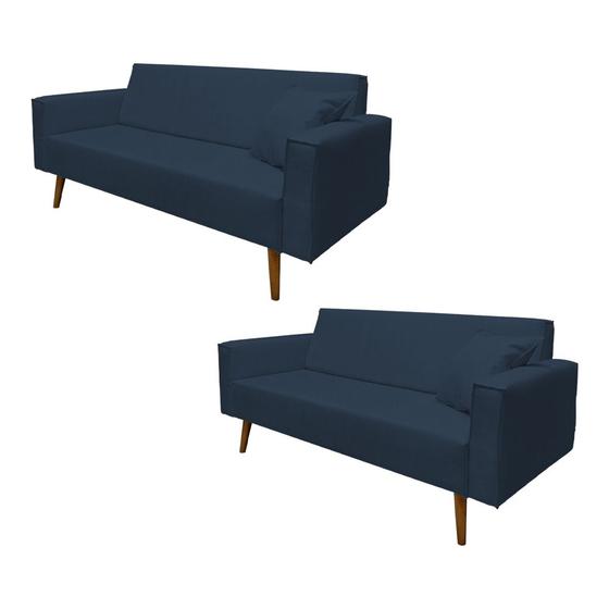 Kit 2 Sofás Namoradeira Paris 3 Lugares Tecido Linho Azul Marinho Pés