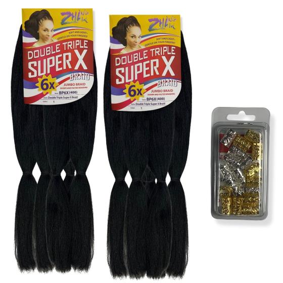 Imagem de KIT 2 Super Jumbos Para Tranças Box Braids Marca Super X + Conjunto de 20 Anéis Reguláveis Enfeites Para Tranças e Penteados