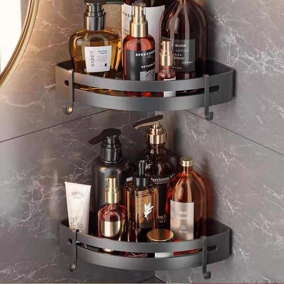 Imagem de Kit 2 Suportes de Shampoo Preto Luxo De Alumínio 2 Camadas Para Banheiro Montado Na Parede Prateleira