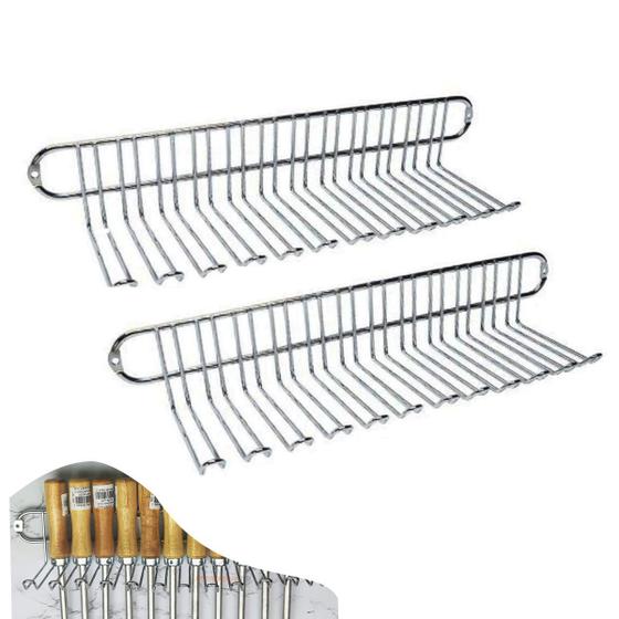 Imagem de Kit 2 Suportes Porta Espeto Parede Grande Utensílios Churrasco Multiuso Cromado - AMZ