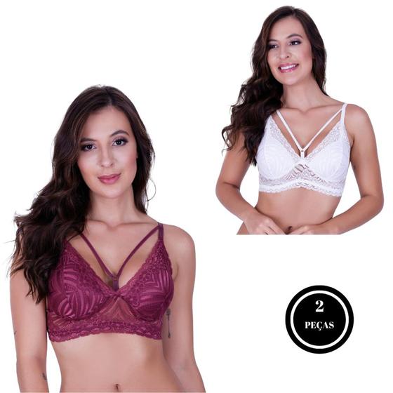 Imagem de Kit 2 Sutiã com Bojo de Renda e Tiras Strappy- KIT 2 SILVANA VINHO BRANCO