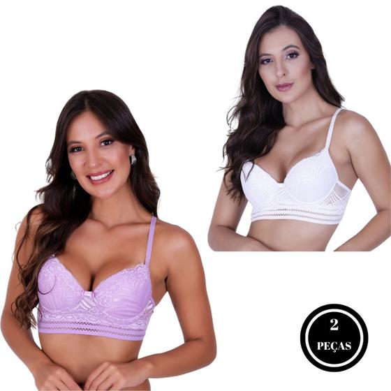 Imagem de Kit 2 Sutiã com Bojo Lingerie Renda Elástico - KIT 2 SUTIÃ JESSICA LILÁS BRANCO